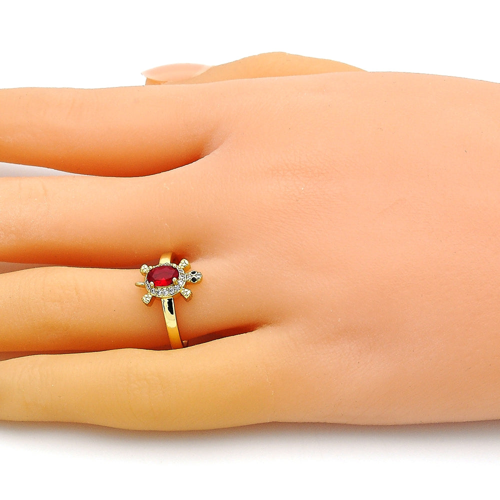 Oro Laminado Multi Stone Ring, Gold Filled Style Turtle Design, with Garnet Cubic Zirconia and White Micro Pave, Polished, Golden Finish