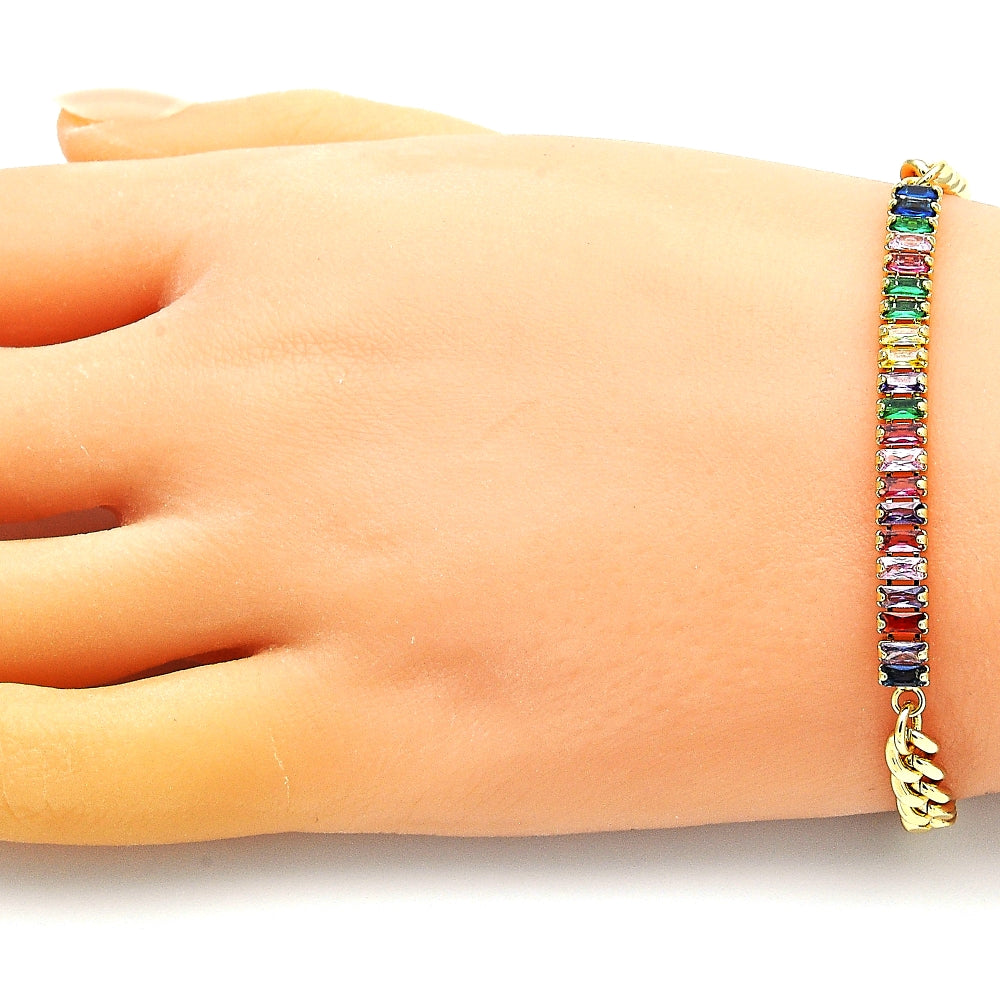 Oro Laminado Fancy Bracelet, Gold Filled Style Miami Cuban and Baguette Design, with Multicolor Cubic Zirconia, Polished, Golden Finish