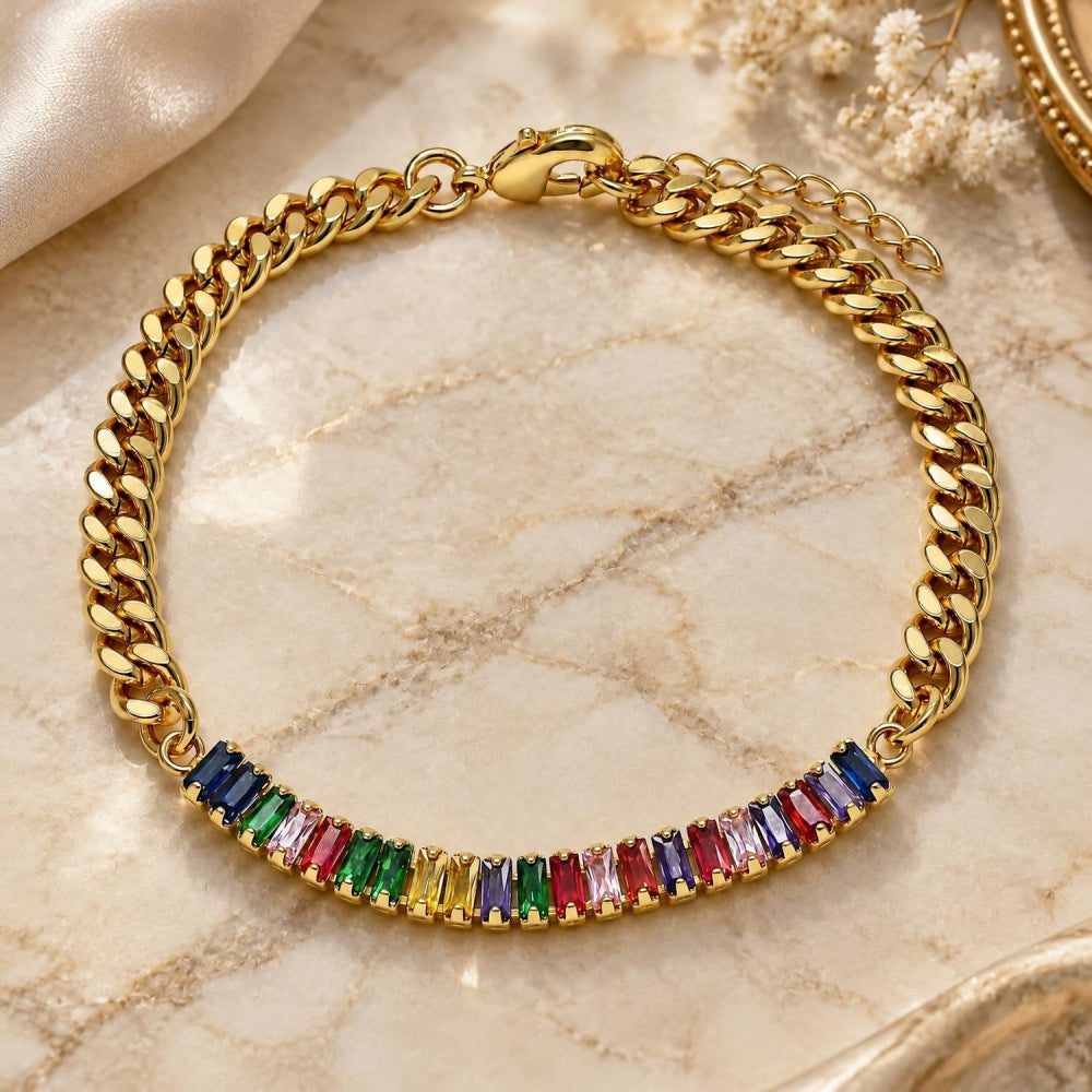 Oro Laminado Fancy Bracelet, Gold Filled Style Miami Cuban and Baguette Design, with Multicolor Cubic Zirconia, Polished, Golden Finish