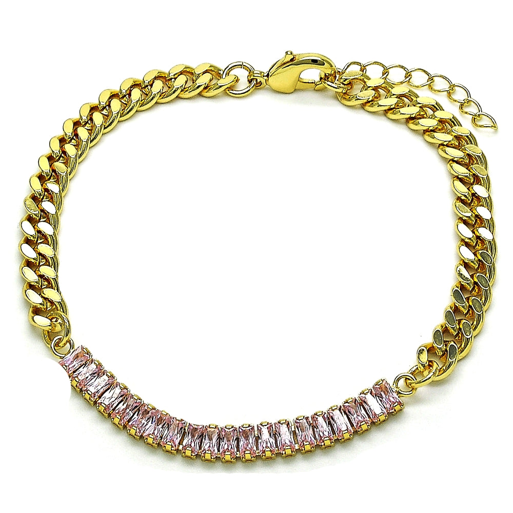 Oro Laminado Fancy Bracelet, Gold Filled Style Miami Cuban and Baguette Design, with Pink Cubic Zirconia, Polished, Golden Finish