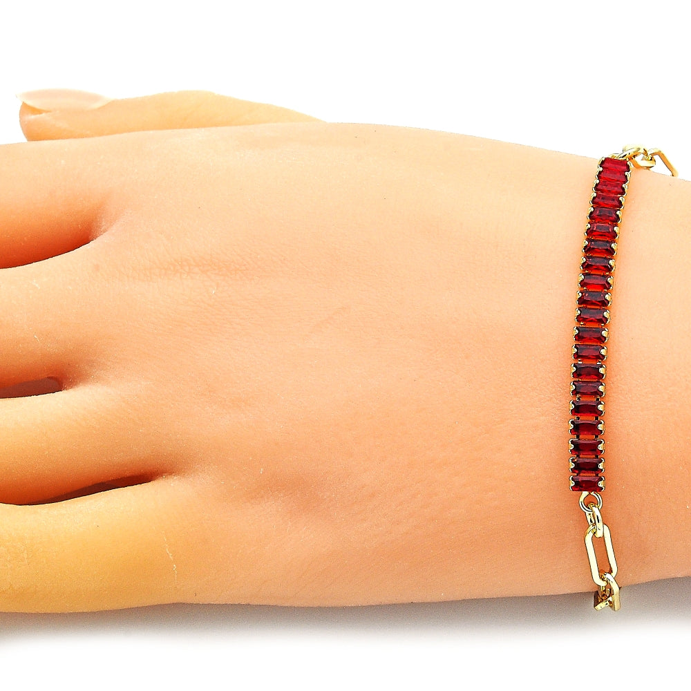 Oro Laminado Fancy Bracelet, Gold Filled Style Paperclip and Baguette Design, with Garnet Cubic Zirconia, Polished, Golden Finish