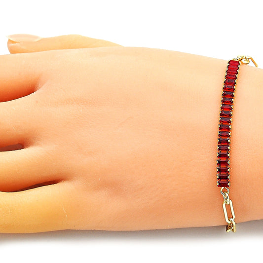 Oro Laminado Fancy Bracelet, Gold Filled Style Paperclip and Baguette Design, with Garnet Cubic Zirconia, Polished, Golden Finish