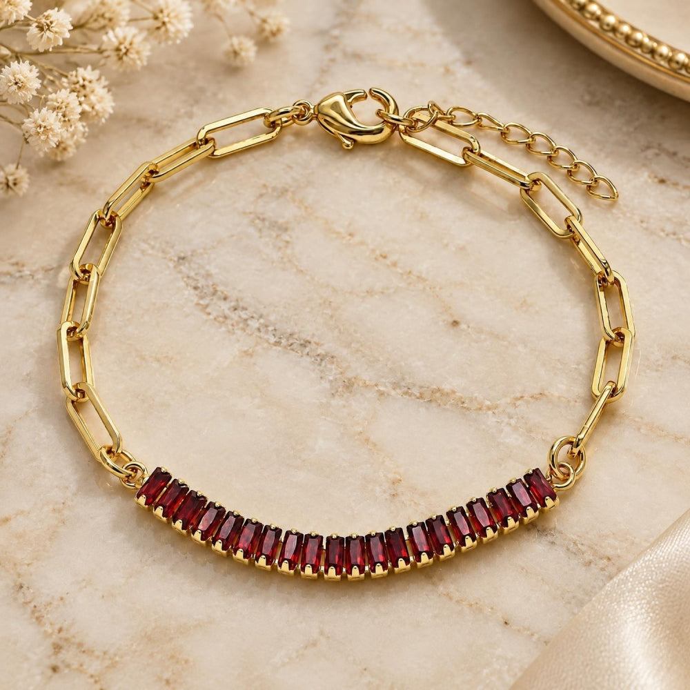 Oro Laminado Fancy Bracelet, Gold Filled Style Paperclip and Baguette Design, with Garnet Cubic Zirconia, Polished, Golden Finish
