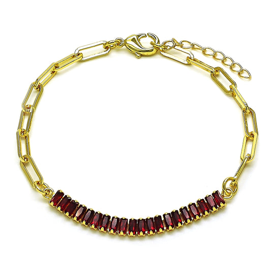 Oro Laminado Fancy Bracelet, Gold Filled Style Paperclip and Baguette Design, with Garnet Cubic Zirconia, Polished, Golden Finish