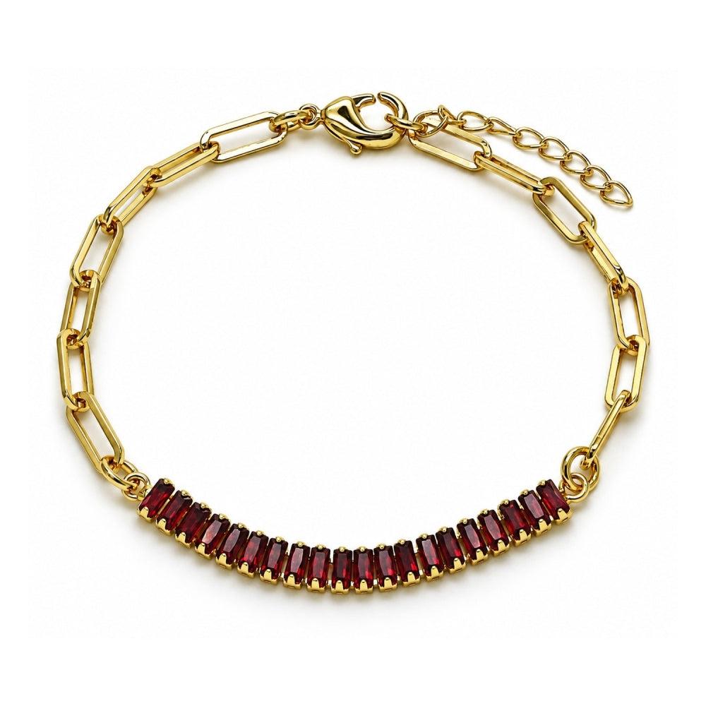 Oro Laminado Fancy Bracelet, Gold Filled Style Paperclip and Baguette Design, with Garnet Cubic Zirconia, Polished, Golden Finish