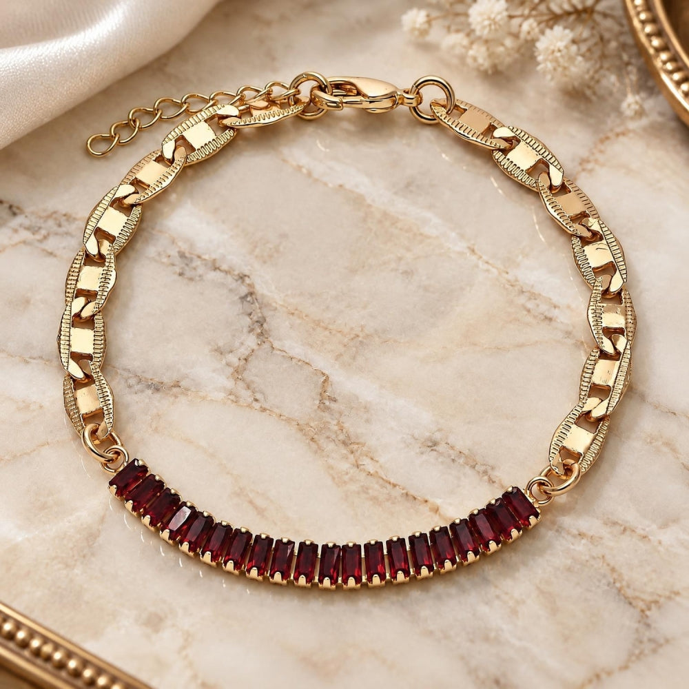 Oro Laminado Fancy Bracelet, Gold Filled Style Mariner and Baguette Design, with Garnet Cubic Zirconia, Polished, Golden Finish