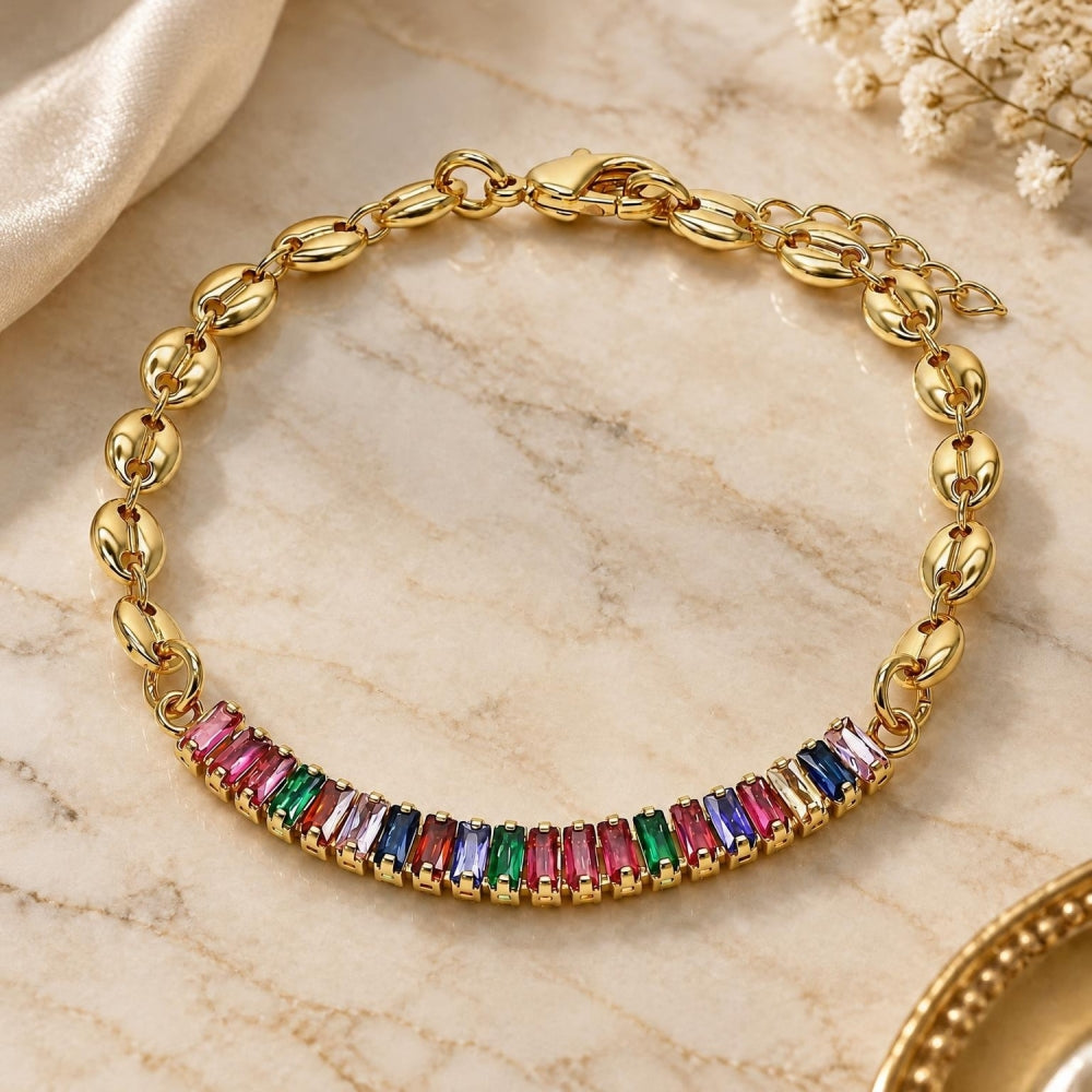 Oro Laminado Fancy Bracelet, Gold Filled Style Puff Mariner and Baguette Design, with Multicolor Cubic Zirconia, Polished, Golden Finish