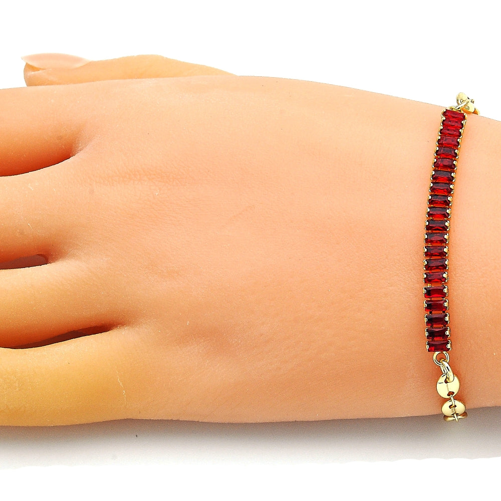 Oro Laminado Fancy Bracelet, Gold Filled Style Puff Mariner and Baguette Design, with Garnet Cubic Zirconia, Polished, Golden Finish