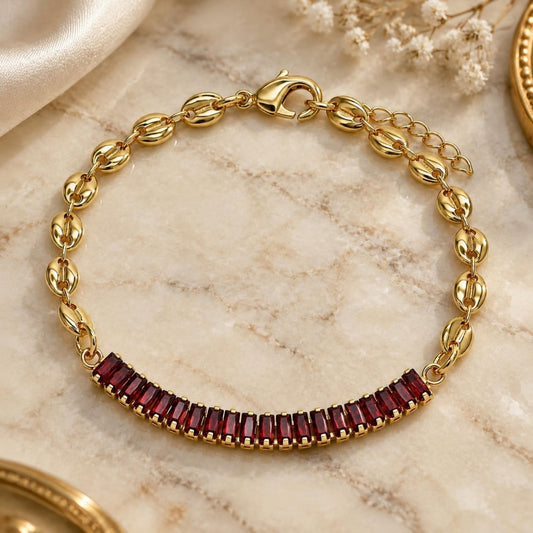 Oro Laminado Fancy Bracelet, Gold Filled Style Puff Mariner and Baguette Design, with Garnet Cubic Zirconia, Polished, Golden Finish