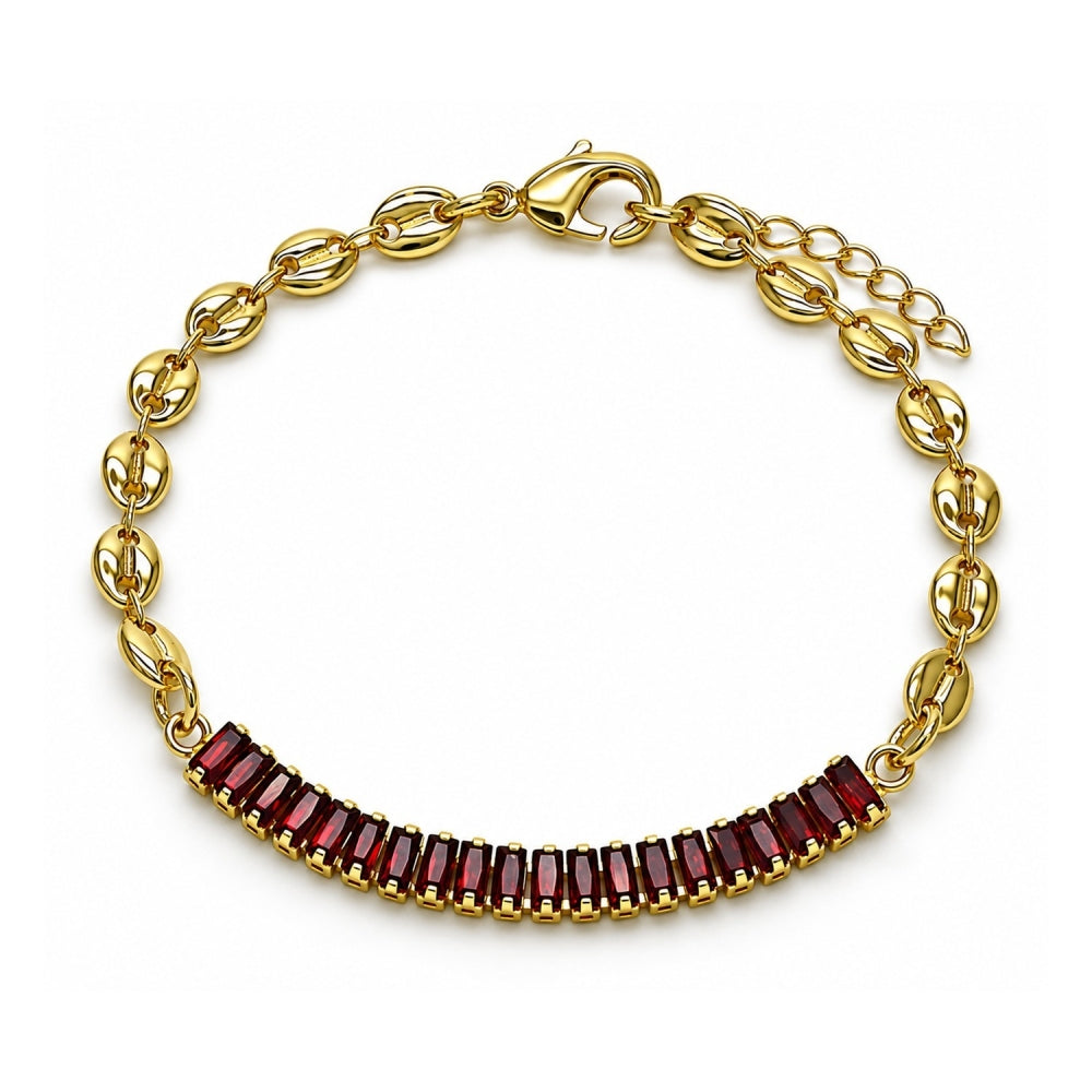 Oro Laminado Fancy Bracelet, Gold Filled Style Puff Mariner and Baguette Design, with Garnet Cubic Zirconia, Polished, Golden Finish