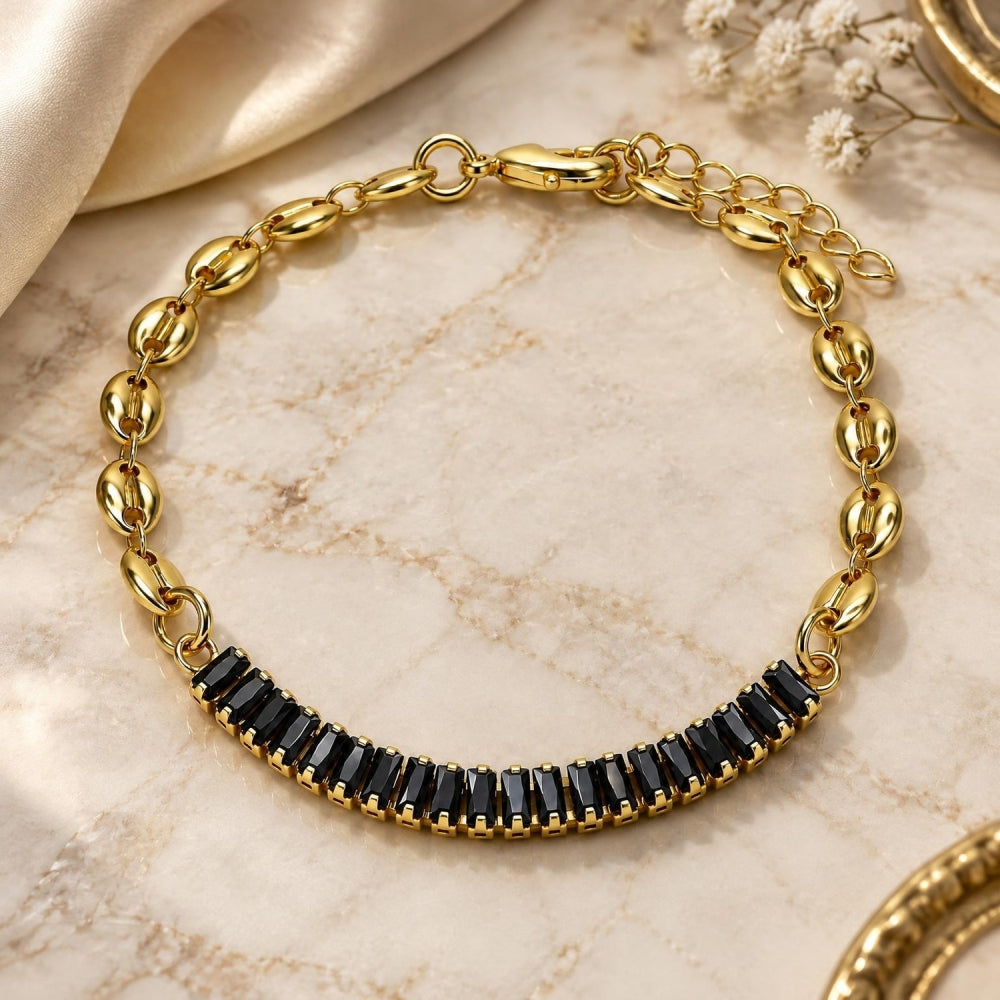 Oro Laminado Fancy Bracelet, Gold Filled Style Puff Mariner and Baguette Design, with Black Cubic Zirconia, Polished, Golden Finish