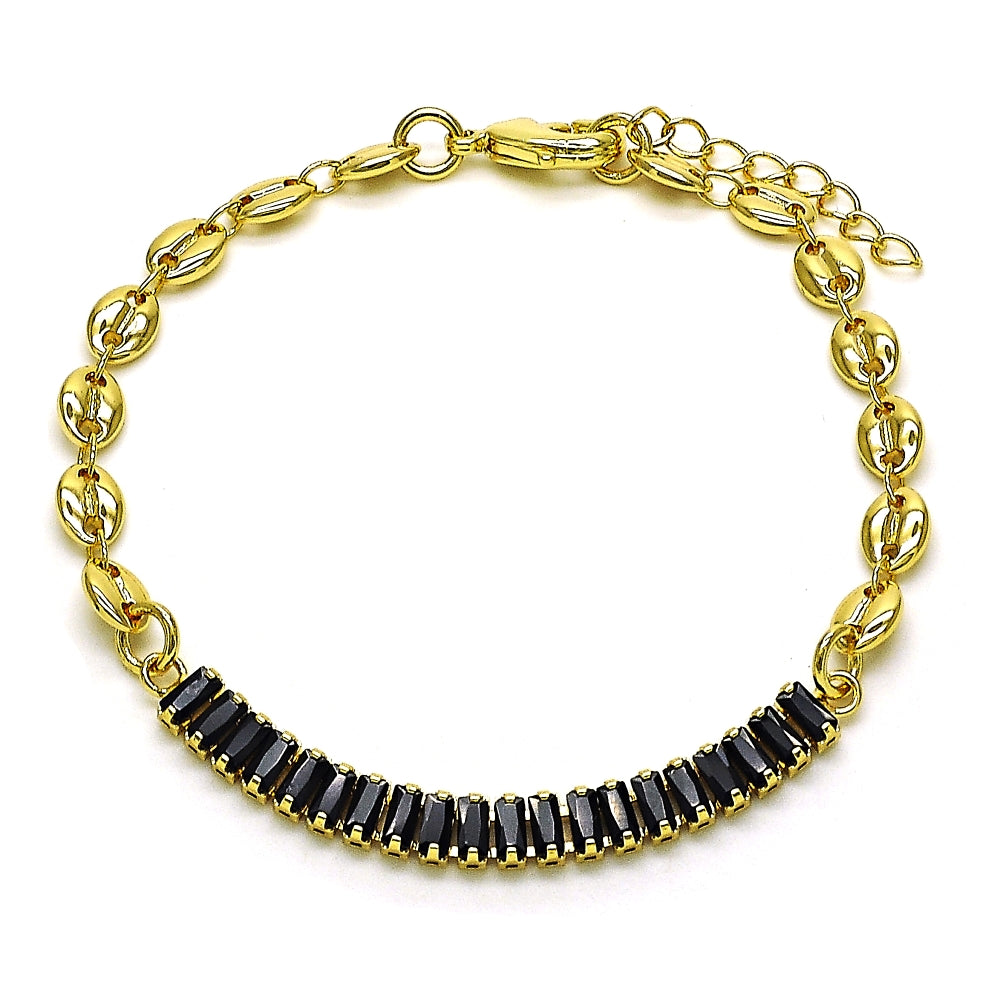 Oro Laminado Fancy Bracelet, Gold Filled Style Puff Mariner and Baguette Design, with Black Cubic Zirconia, Polished, Golden Finish