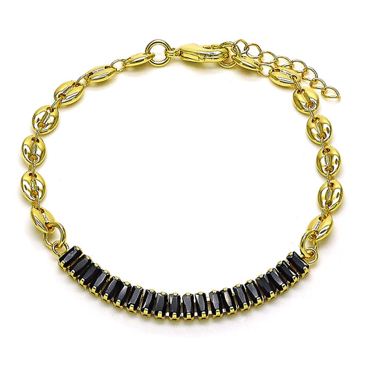 Oro Laminado Fancy Bracelet, Gold Filled Style Puff Mariner and Baguette Design, with Black Cubic Zirconia, Polished, Golden Finish