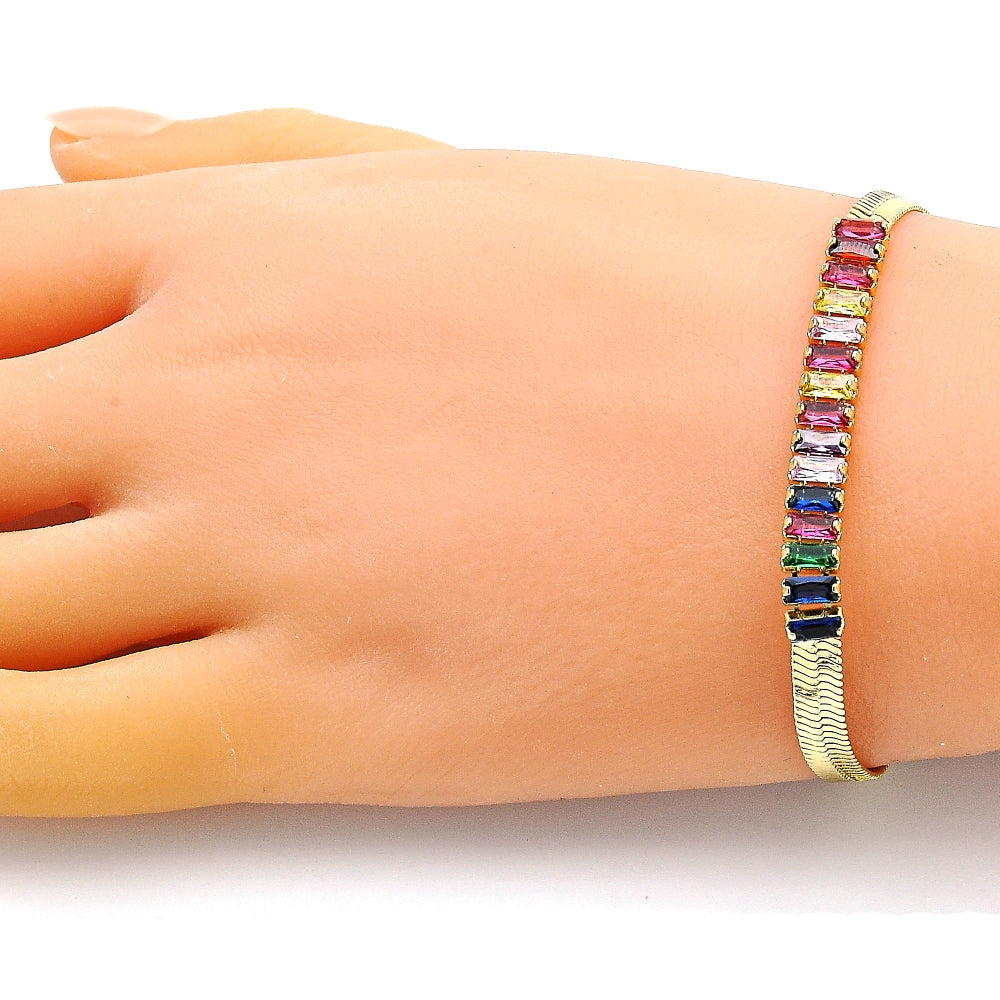 Oro Laminado Fancy Bracelet, Gold Filled Style Baguette Design, with Multicolor Cubic Zirconia, Polished, Golden Finish