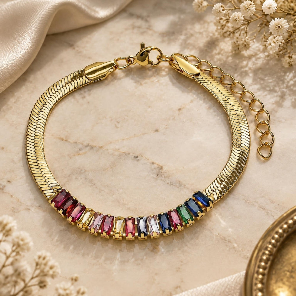 Oro Laminado Fancy Bracelet, Gold Filled Style Baguette Design, with Multicolor Cubic Zirconia, Polished, Golden Finish