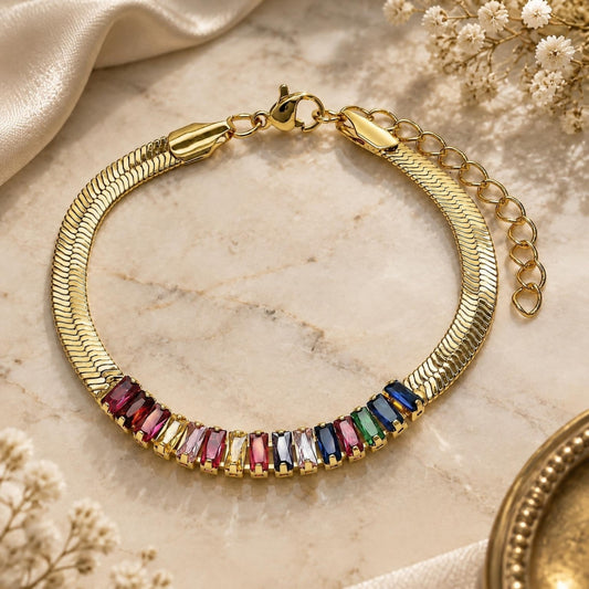 Oro Laminado Fancy Bracelet, Gold Filled Style Baguette Design, with Multicolor Cubic Zirconia, Polished, Golden Finish