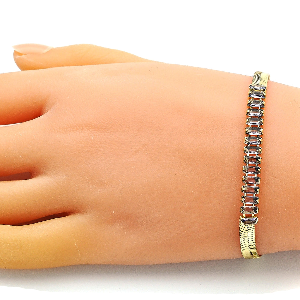 Oro Laminado Fancy Bracelet, Gold Filled Style Baguette Design, with Amethyst Cubic Zirconia, Polished, Golden Finish