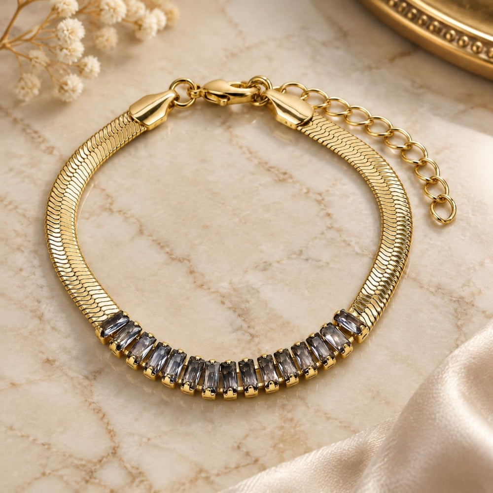 Oro Laminado Fancy Bracelet, Gold Filled Style Baguette Design, with Amethyst Cubic Zirconia, Polished, Golden Finish