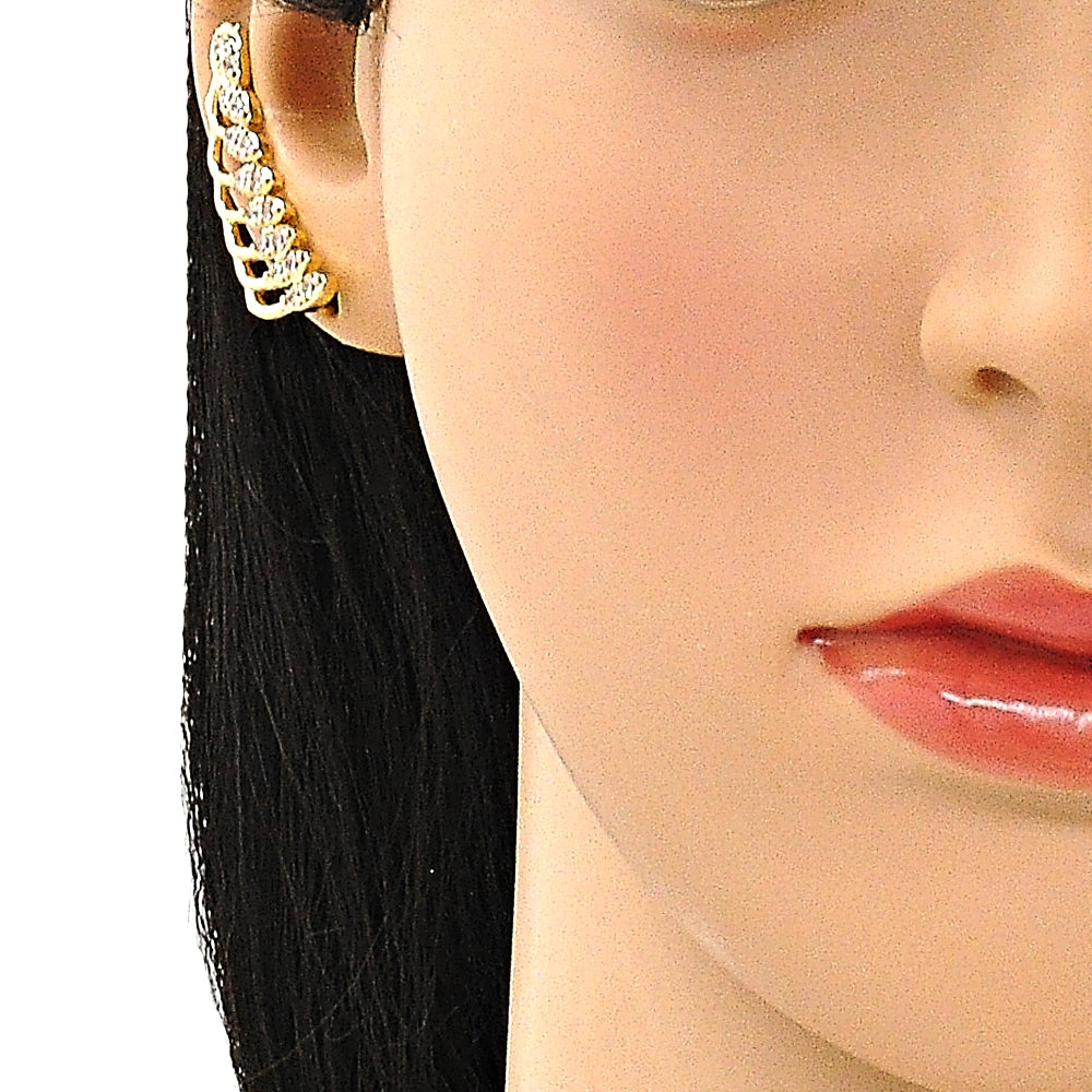 Oro Laminado Earcuff, Gold Filled Style Leaf Design, with White Micro Pave, Polished, Golden Finish