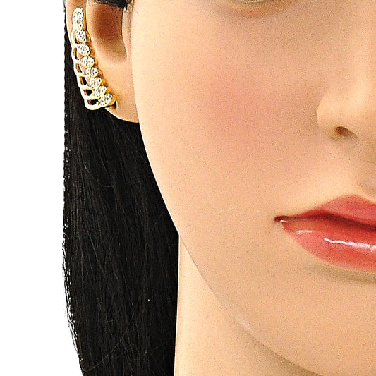Oro Laminado Earcuff, Gold Filled Style Leaf Design, with White Micro Pave, Polished, Golden Finish