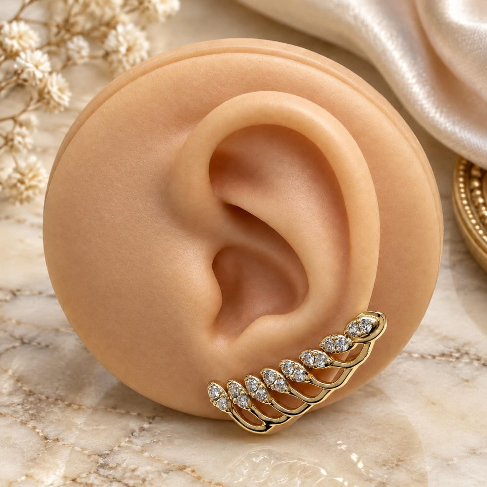 Oro Laminado Earcuff, Gold Filled Style Leaf Design, with White Micro Pave, Polished, Golden Finish