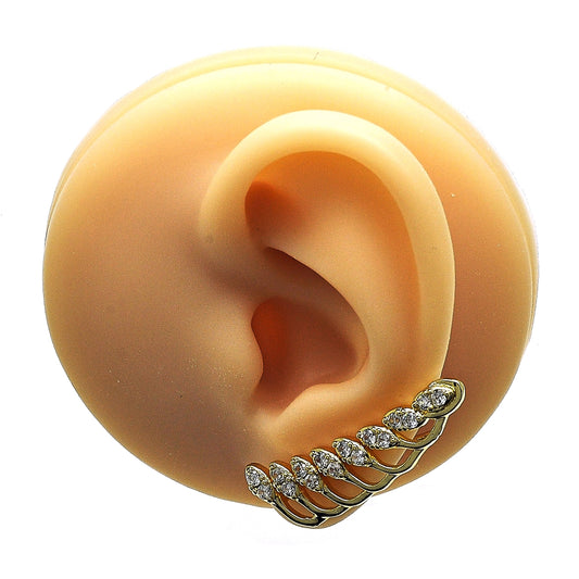 Oro Laminado Earcuff, Gold Filled Style Leaf Design, with White Micro Pave, Polished, Golden Finish