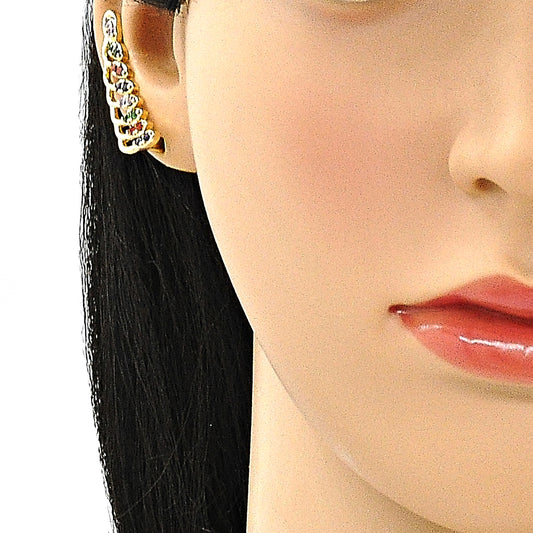 Oro Laminado Earcuff, Gold Filled Style Leaf Design, with Multicolor Micro Pave, Polished, Golden Finish
