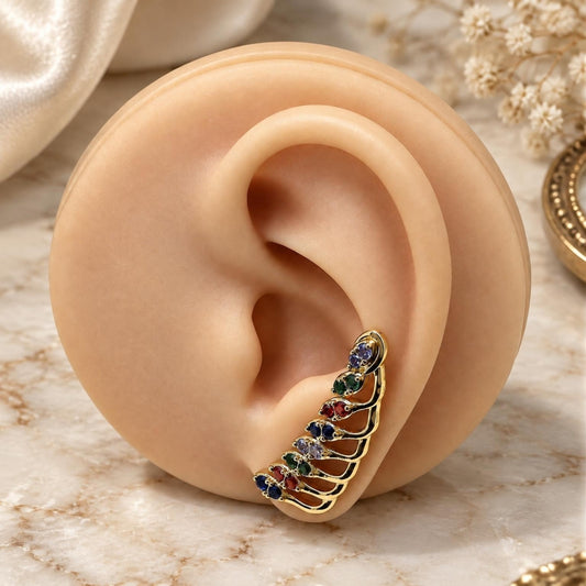 Oro Laminado Earcuff, Gold Filled Style Leaf Design, with Multicolor Micro Pave, Polished, Golden Finish