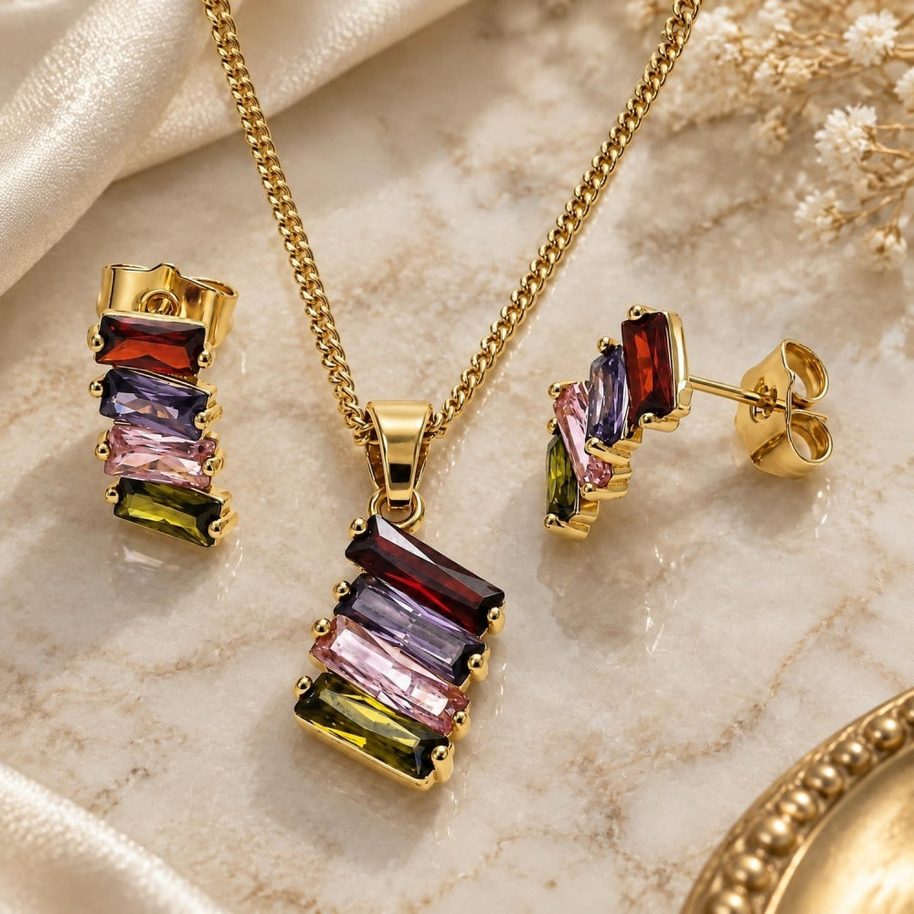 Oro Laminado Earring and Pendant Adult Set, Gold Filled Style Baguette Design, with Multicolor Cubic Zirconia, Polished, Golden Finish