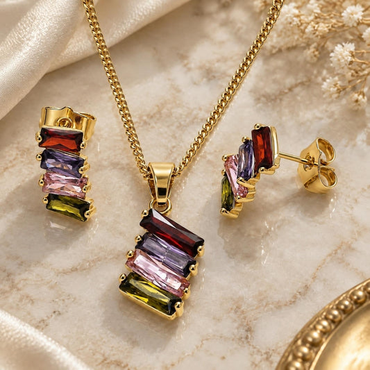 Oro Laminado Earring and Pendant Adult Set, Gold Filled Style Baguette Design, with Multicolor Cubic Zirconia, Polished, Golden Finish