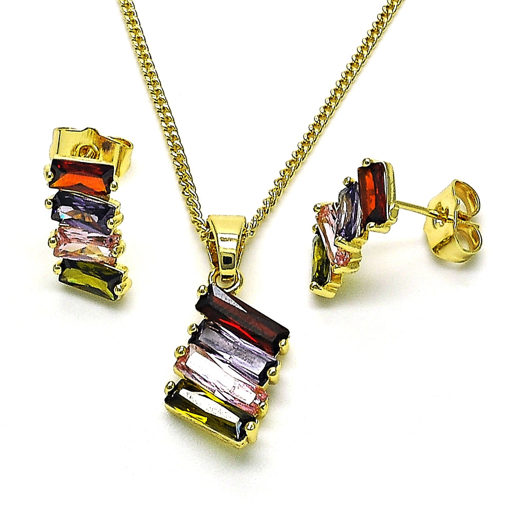 Oro Laminado Earring and Pendant Adult Set, Gold Filled Style Baguette Design, with Multicolor Cubic Zirconia, Polished, Golden Finish