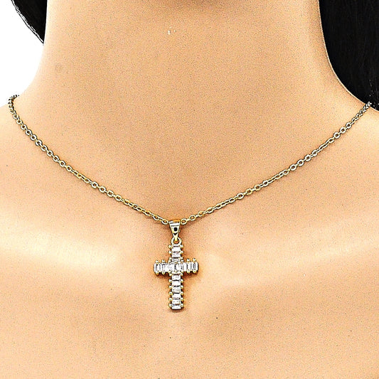 Oro Laminado Religious Pendant, Gold Filled Style Cross Design, with White Cubic Zirconia, Polished, Golden Finish
