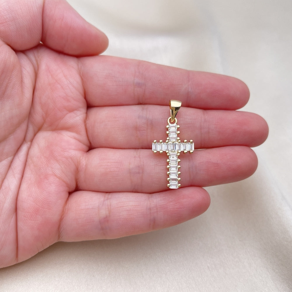 Oro Laminado Religious Pendant, Gold Filled Style Cross Design, with White Cubic Zirconia, Polished, Golden Finish