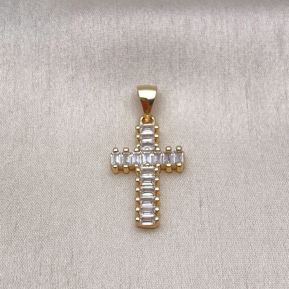 Oro Laminado Religious Pendant, Gold Filled Style Cross Design, with White Cubic Zirconia, Polished, Golden Finish
