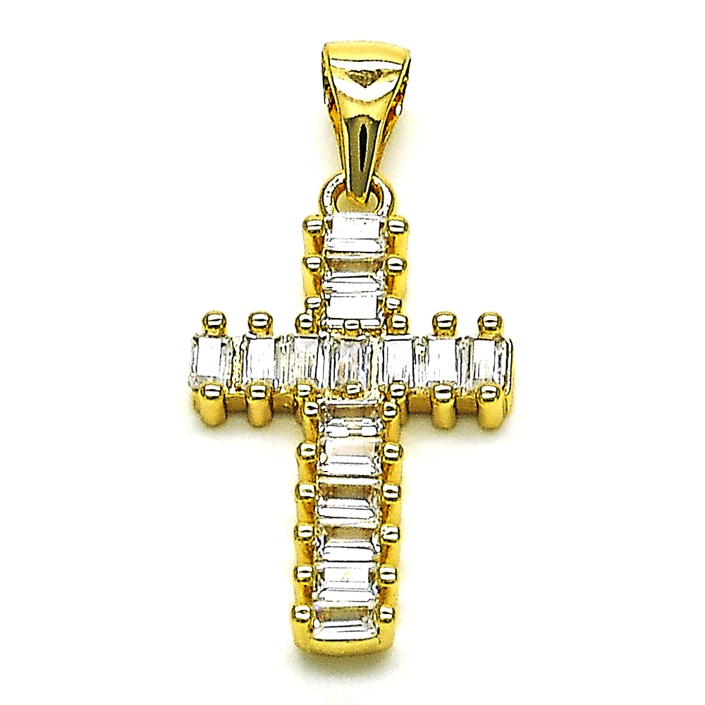 Oro Laminado Religious Pendant, Gold Filled Style Cross Design, with White Cubic Zirconia, Polished, Golden Finish