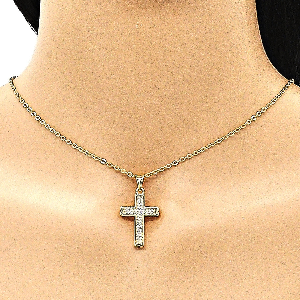 Oro Laminado Religious Pendant, Gold Filled Style Cross Design, with White Micro Pave, Polished, Golden Finish