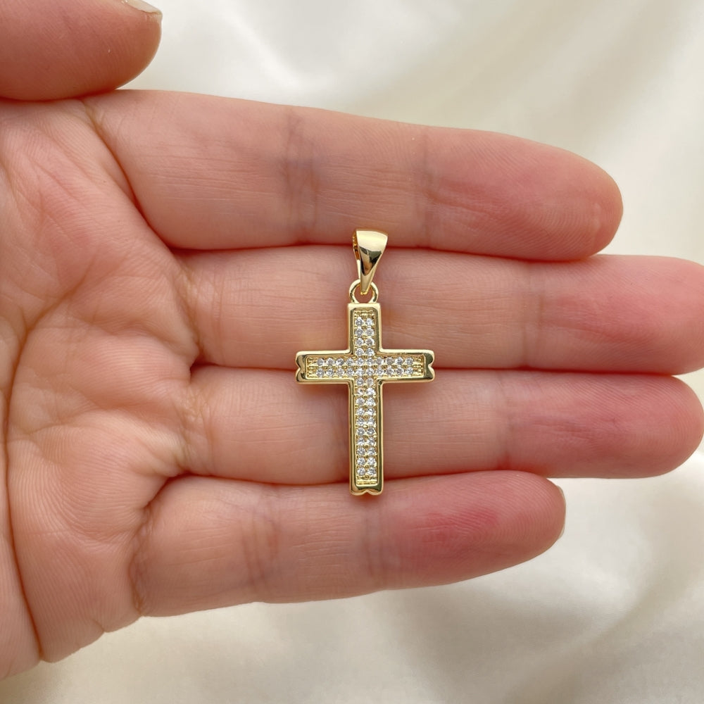 Oro Laminado Religious Pendant, Gold Filled Style Cross Design, with White Micro Pave, Polished, Golden Finish