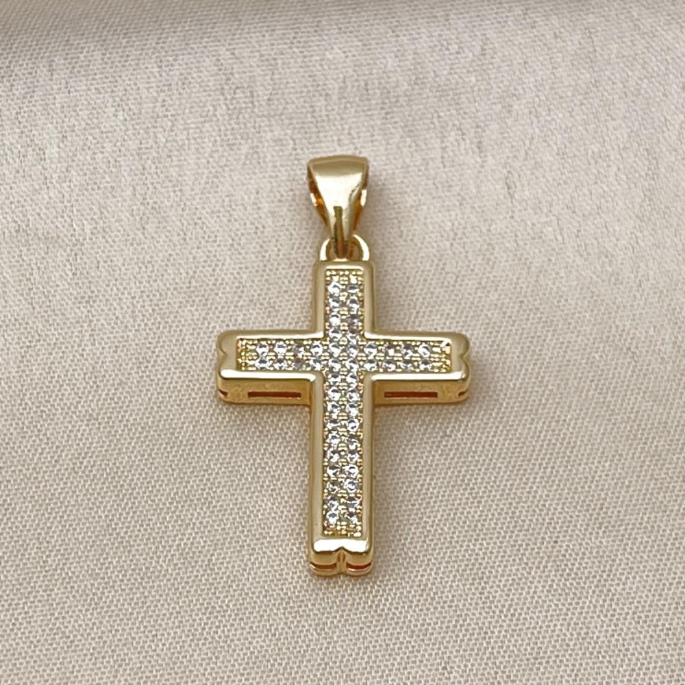 Oro Laminado Religious Pendant, Gold Filled Style Cross Design, with White Micro Pave, Polished, Golden Finish