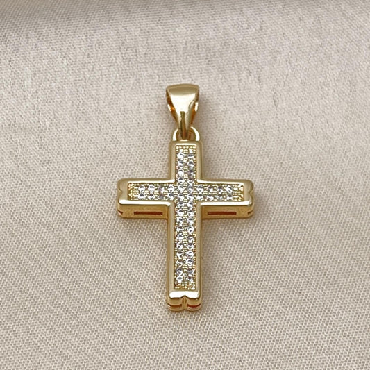 Oro Laminado Religious Pendant, Gold Filled Style Cross Design, with White Micro Pave, Polished, Golden Finish