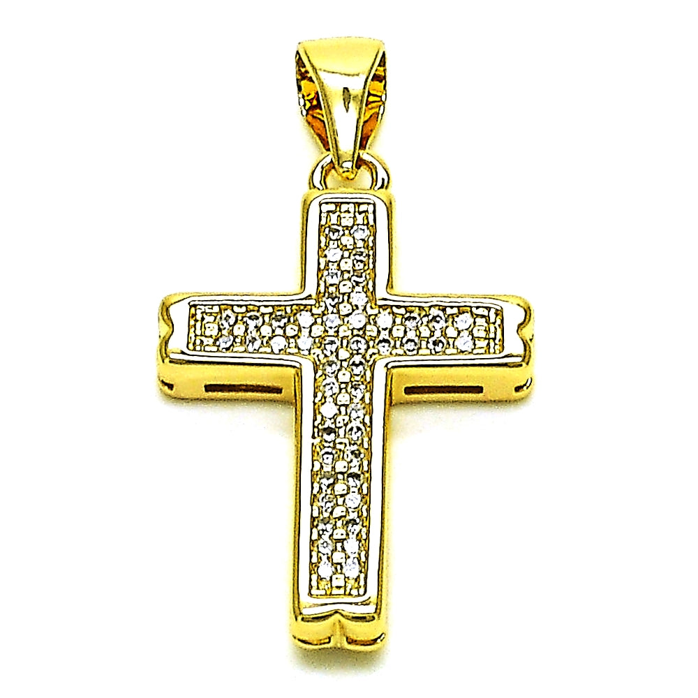 Oro Laminado Religious Pendant, Gold Filled Style Cross Design, with White Micro Pave, Polished, Golden Finish
