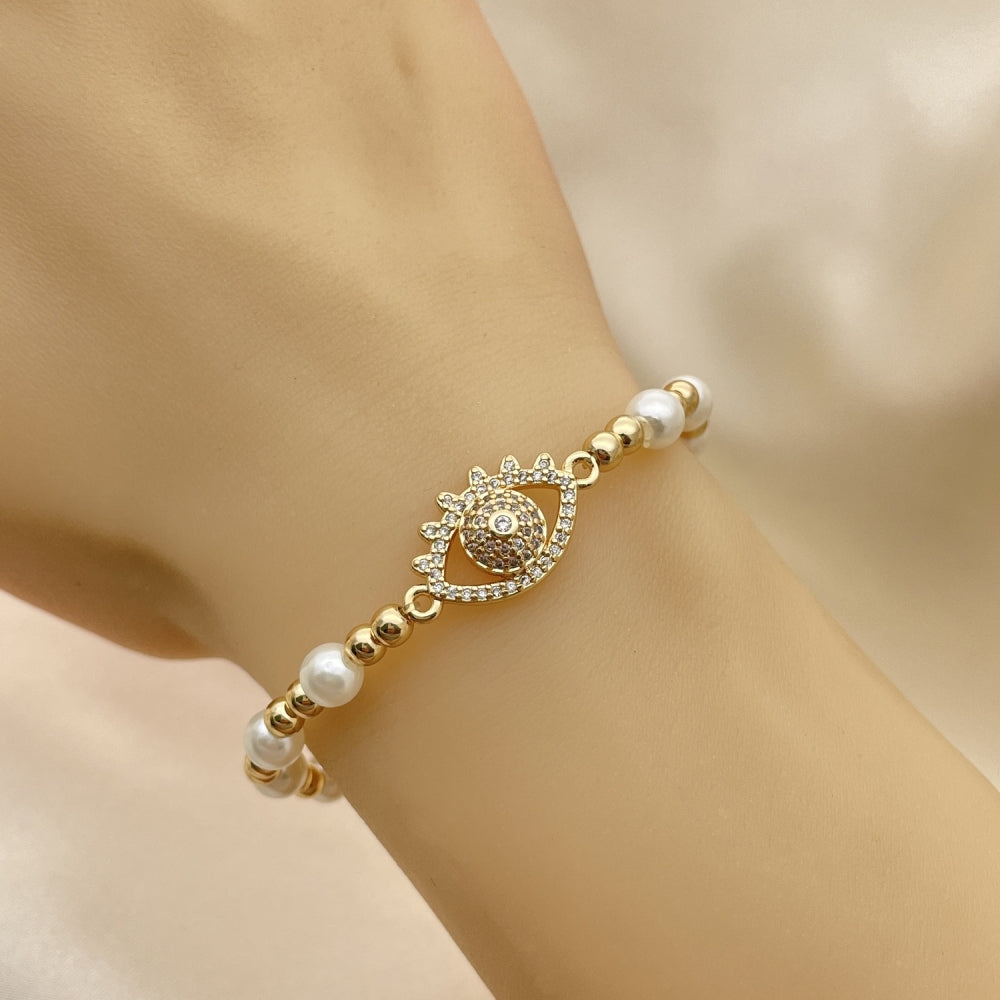 Oro Laminado Fancy Bracelet, Gold Filled Style Expandable Bead and Evil Eye Design, with White Micro Pave and Ivory Pearl, Polished, Golden Finish