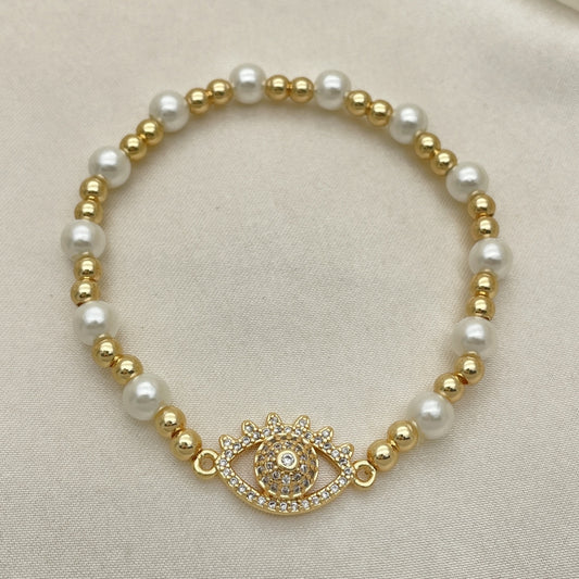 Oro Laminado Fancy Bracelet, Gold Filled Style Expandable Bead and Evil Eye Design, with White Micro Pave and Ivory Pearl, Polished, Golden Finish