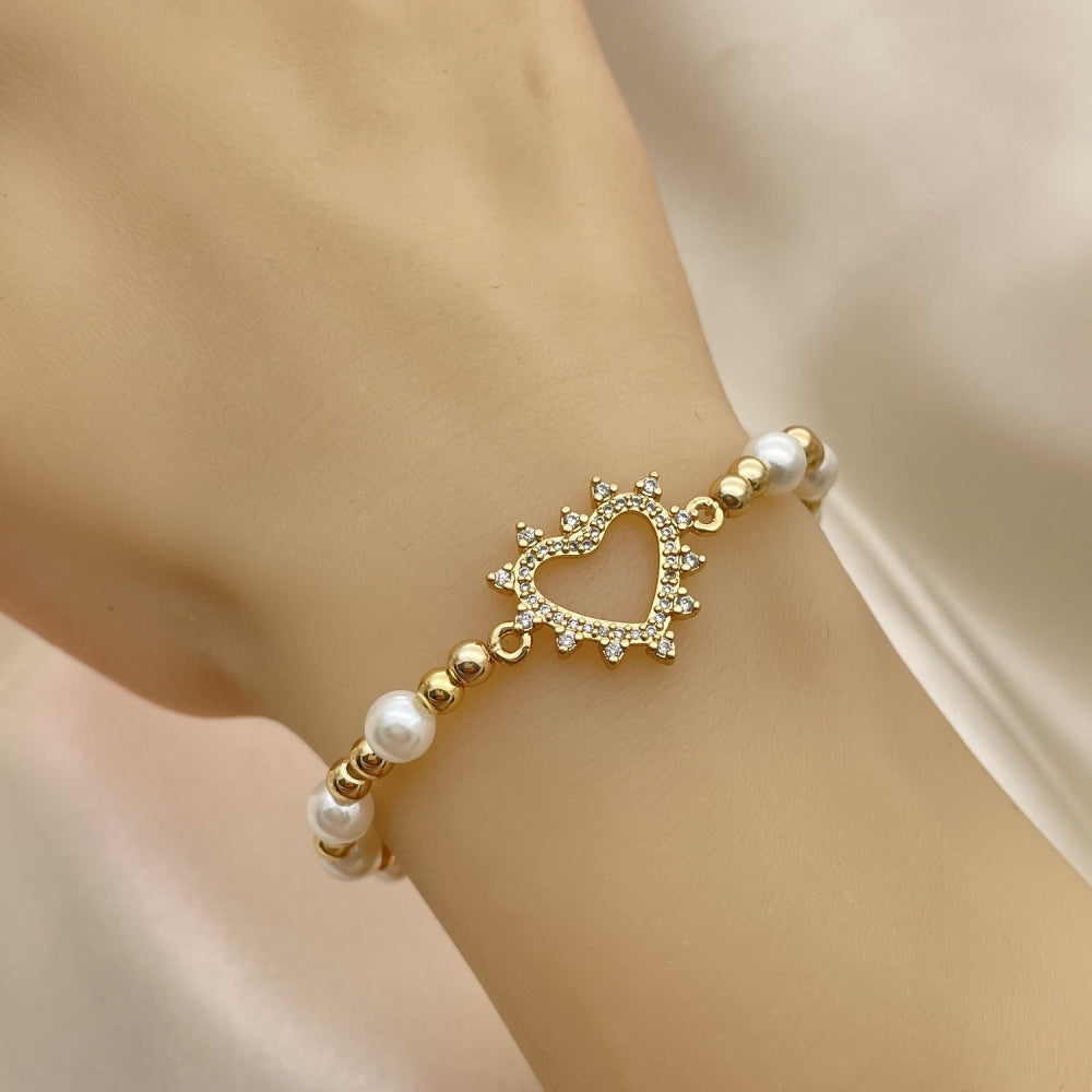 Oro Laminado Fancy Bracelet, Gold Filled Style Expandable Bead and Heart Design, with White Micro Pave and Ivory Pearl, Polished, Golden Finish
