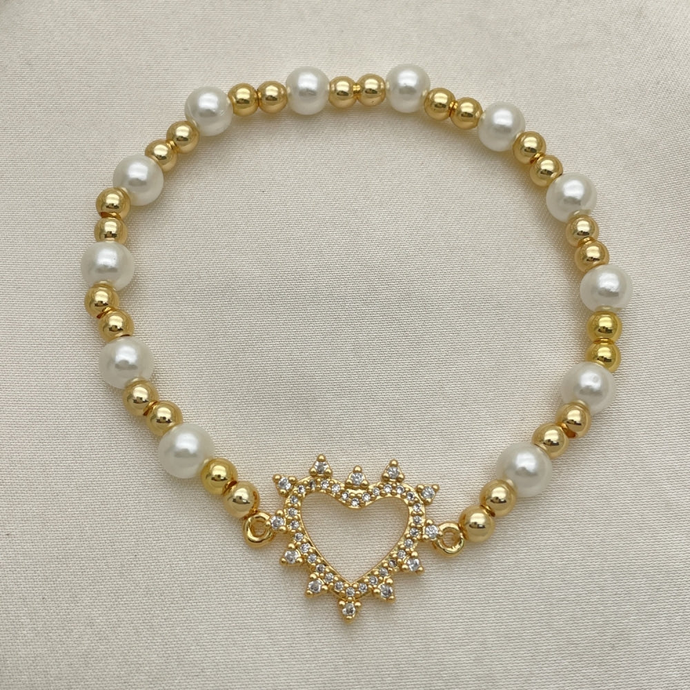 Oro Laminado Fancy Bracelet, Gold Filled Style Expandable Bead and Heart Design, with White Micro Pave and Ivory Pearl, Polished, Golden Finish