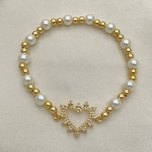 Oro Laminado Fancy Bracelet, Gold Filled Style Expandable Bead and Heart Design, with White Micro Pave and Ivory Pearl, Polished, Golden Finish