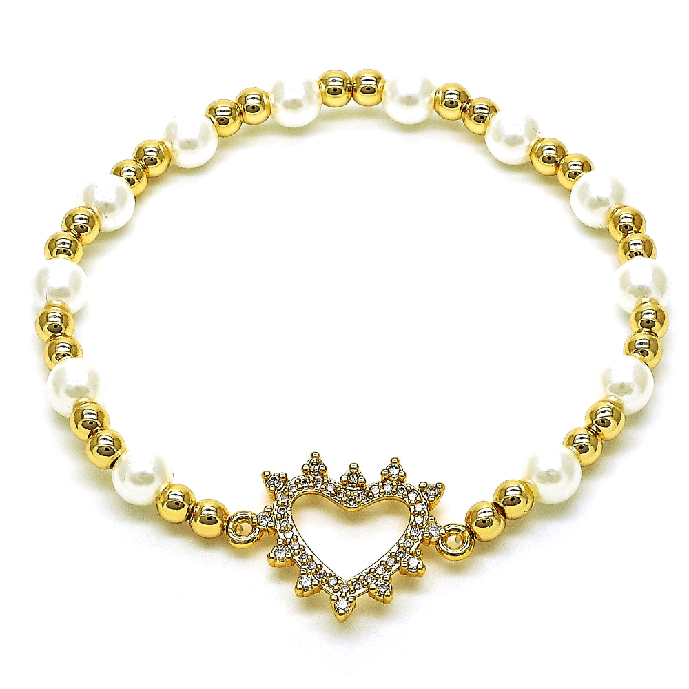 Oro Laminado Fancy Bracelet, Gold Filled Style Expandable Bead and Heart Design, with White Micro Pave and Ivory Pearl, Polished, Golden Finish
