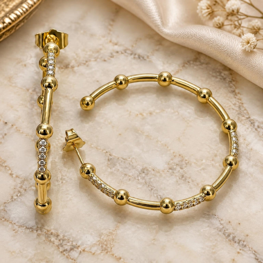 Oro Laminado Stud Earring, Gold Filled Style with White Micro Pave, Polished, Golden Finish