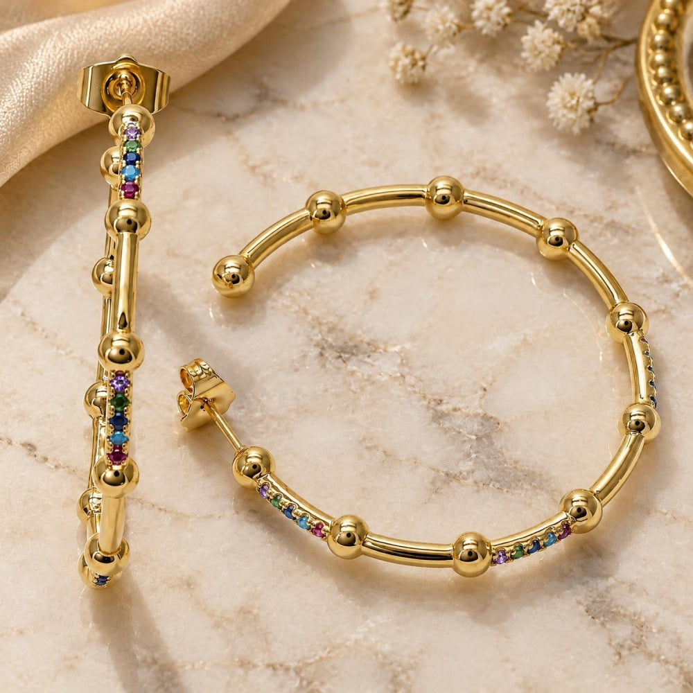 Oro Laminado Stud Earring, Gold Filled Style with Multicolor Micro Pave, Polished, Golden Finish