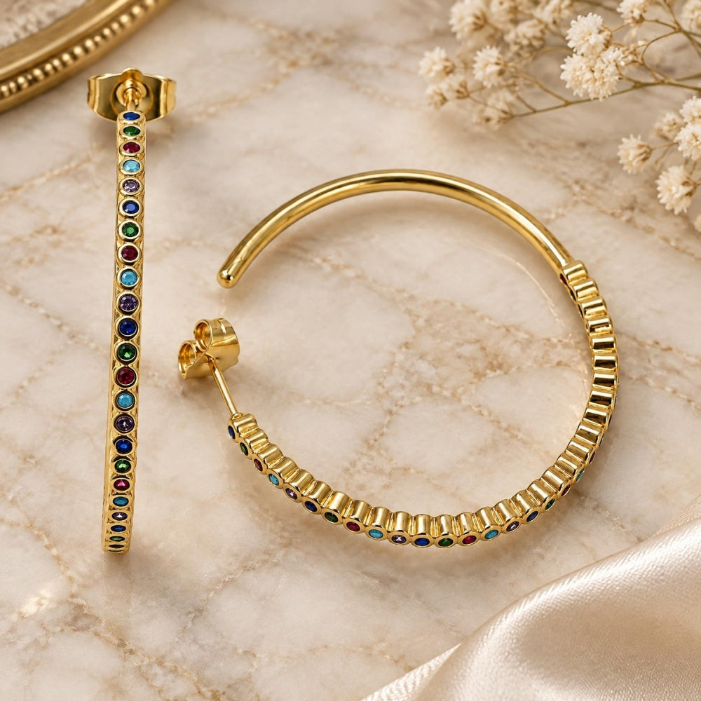 Oro Laminado Stud Earring, Gold Filled Style with Multicolor Cubic Zirconia, Polished, Golden Finish