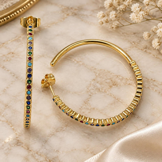 Oro Laminado Stud Earring, Gold Filled Style with Multicolor Cubic Zirconia, Polished, Golden Finish